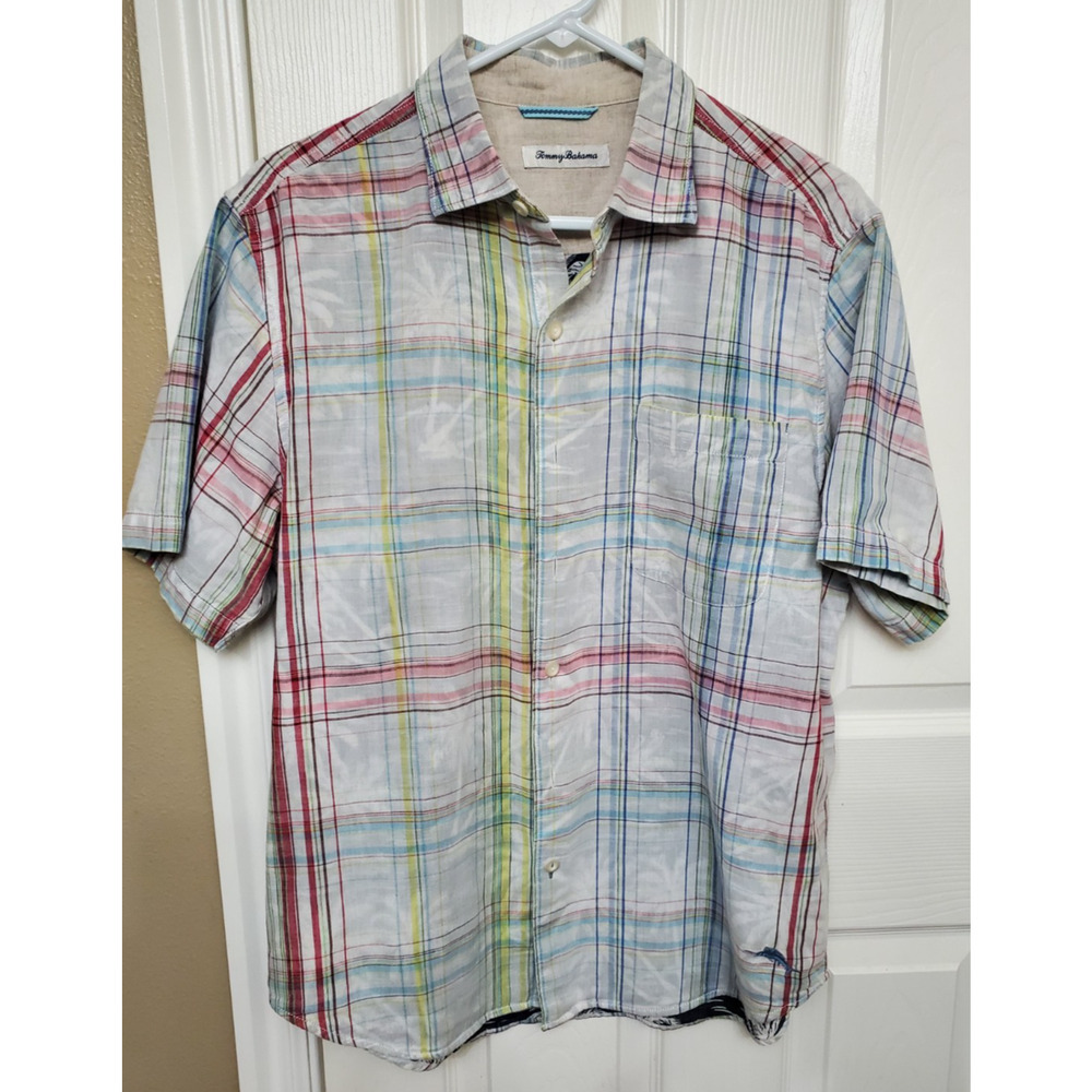 Tommy Bahama Mens Size MD Plaid Button Up Shirt Island Print Linen Blend